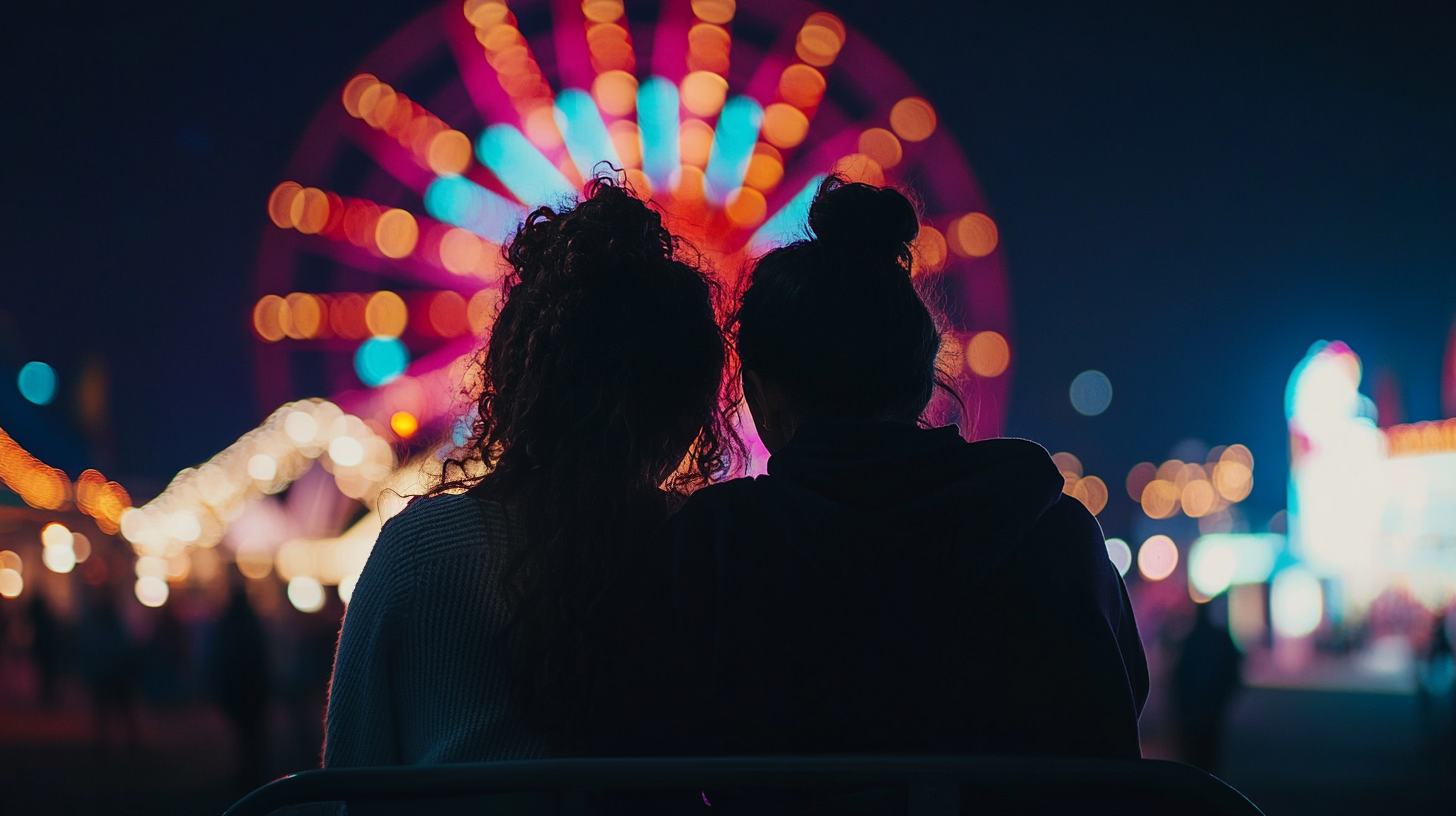 Junges Paar am Rummelplatz, abends, Rückansicht, Silhouette, Lichter