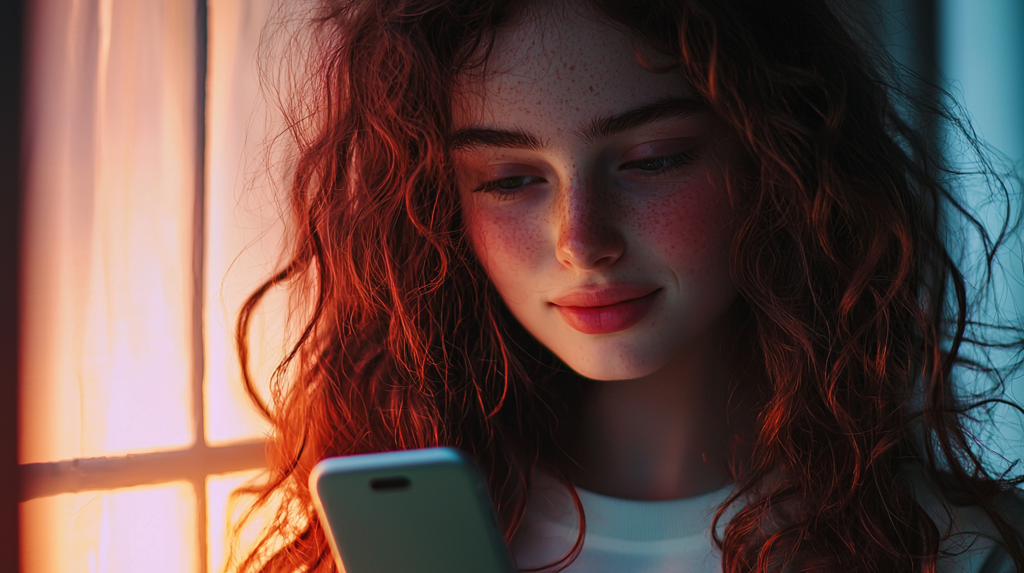 junge Frau mit Blick auf Telefon, abends, Nahaufnahme