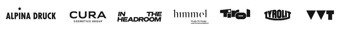 Logos der Programmpartner Alpina Druck, Cura, himmel, IN THE HEADROOM, Tirolwerbung, VVT und Tyrolit. 