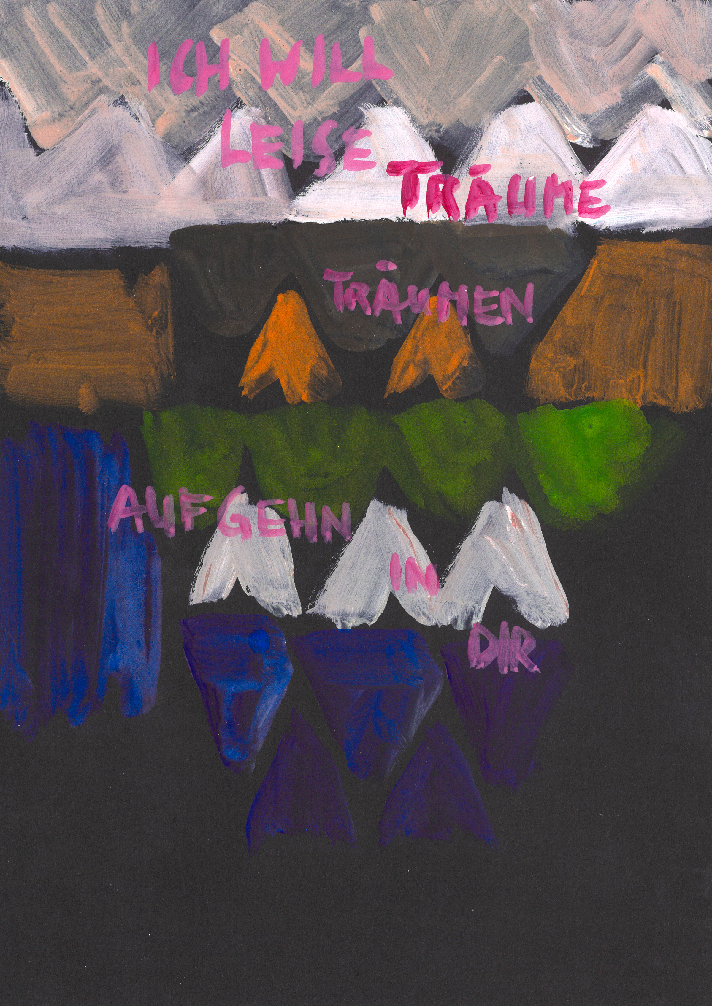 Irene Dapunt, Acrylbild auf dunklem Hintergrund, Formen und Buchstaben aus einem Gedicht von Rilke