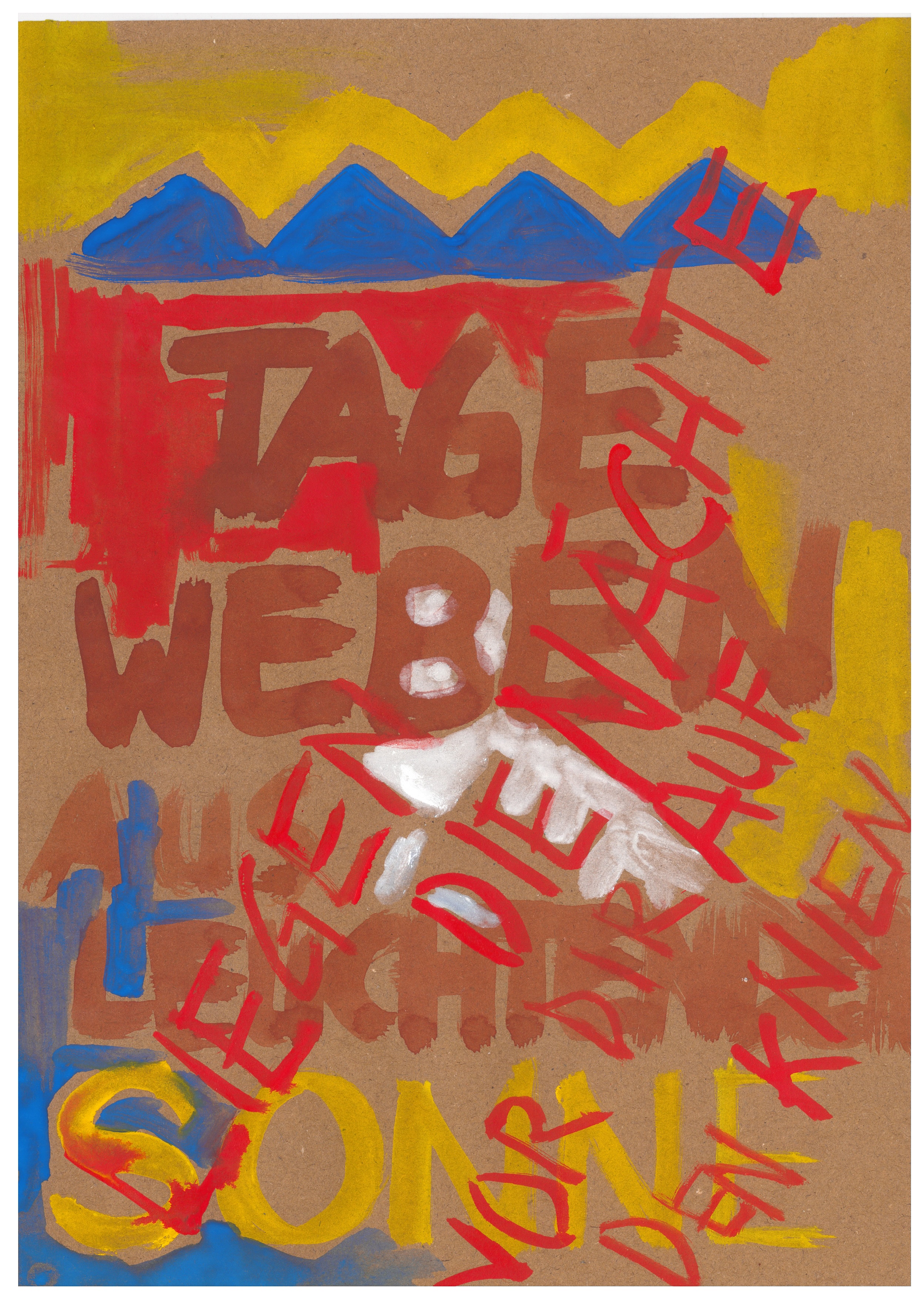 Acryl auf braunem Papier, Gedichtpassage, abstrakte Formen